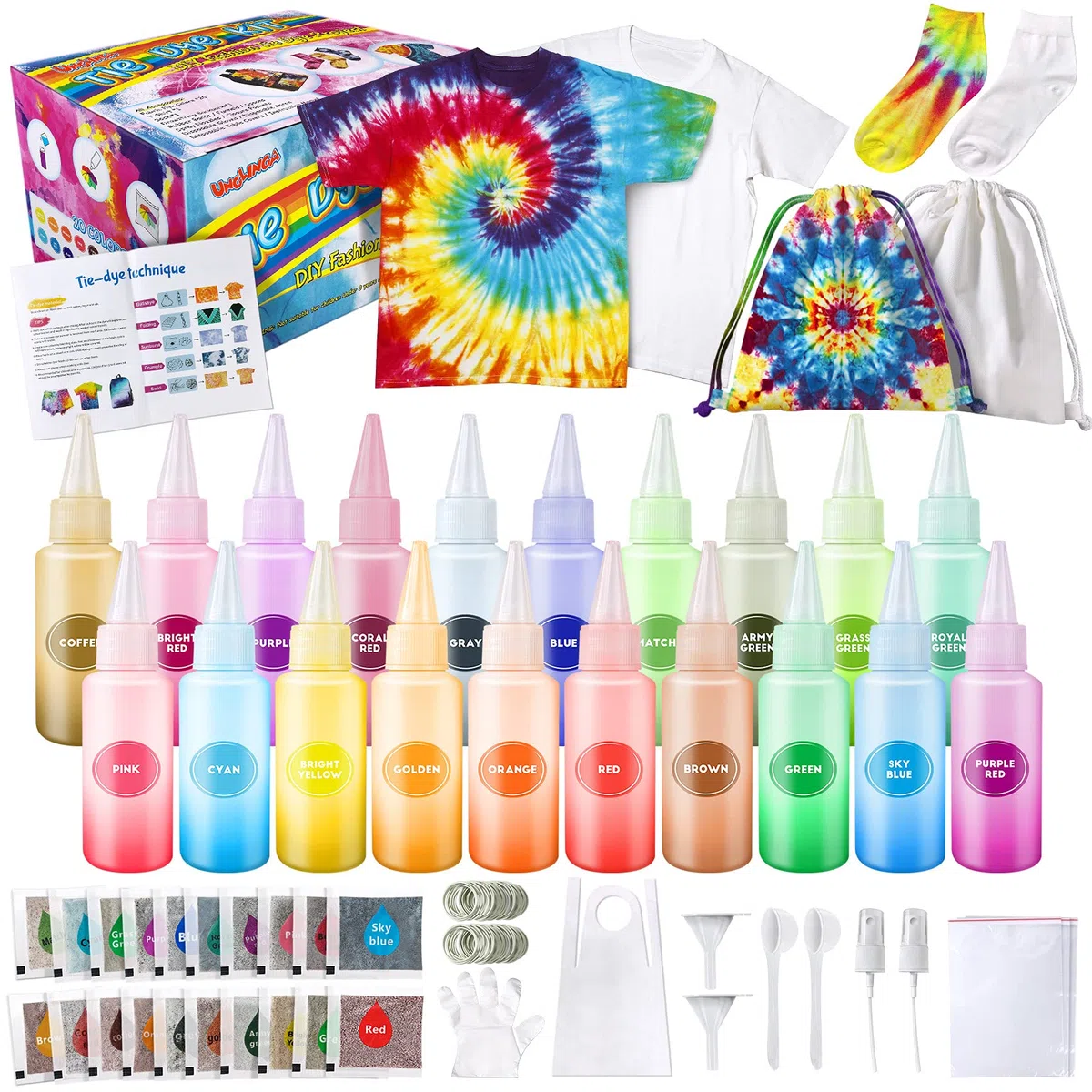 Tie Dye Kit, 20 Colori Set di Vernici per Tessuti con T-Shirt, Arte Creativa e Attività Artigianale Tie Dye Set per bambini e Adulti