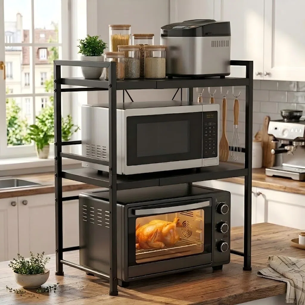 Supporto da forno a microonde estensibile, organizer da cucina a 2 livelli con 3 ganci, ripiano in acciaio al carbonio, capacità di peso di 55 LB, nero (2 livelli)