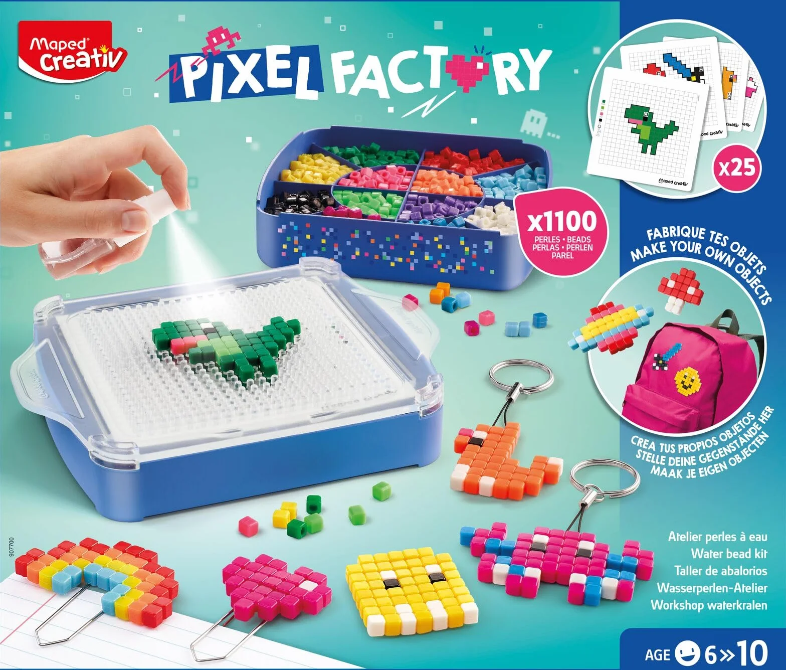 Maped Creativ Pixel Factory - Kit completo per creazione di oggetti in perle d'acqua in stile pixel art, modelli, perle d'acqua quadrate, griglia di creazione e accessori - attività manuale a partire