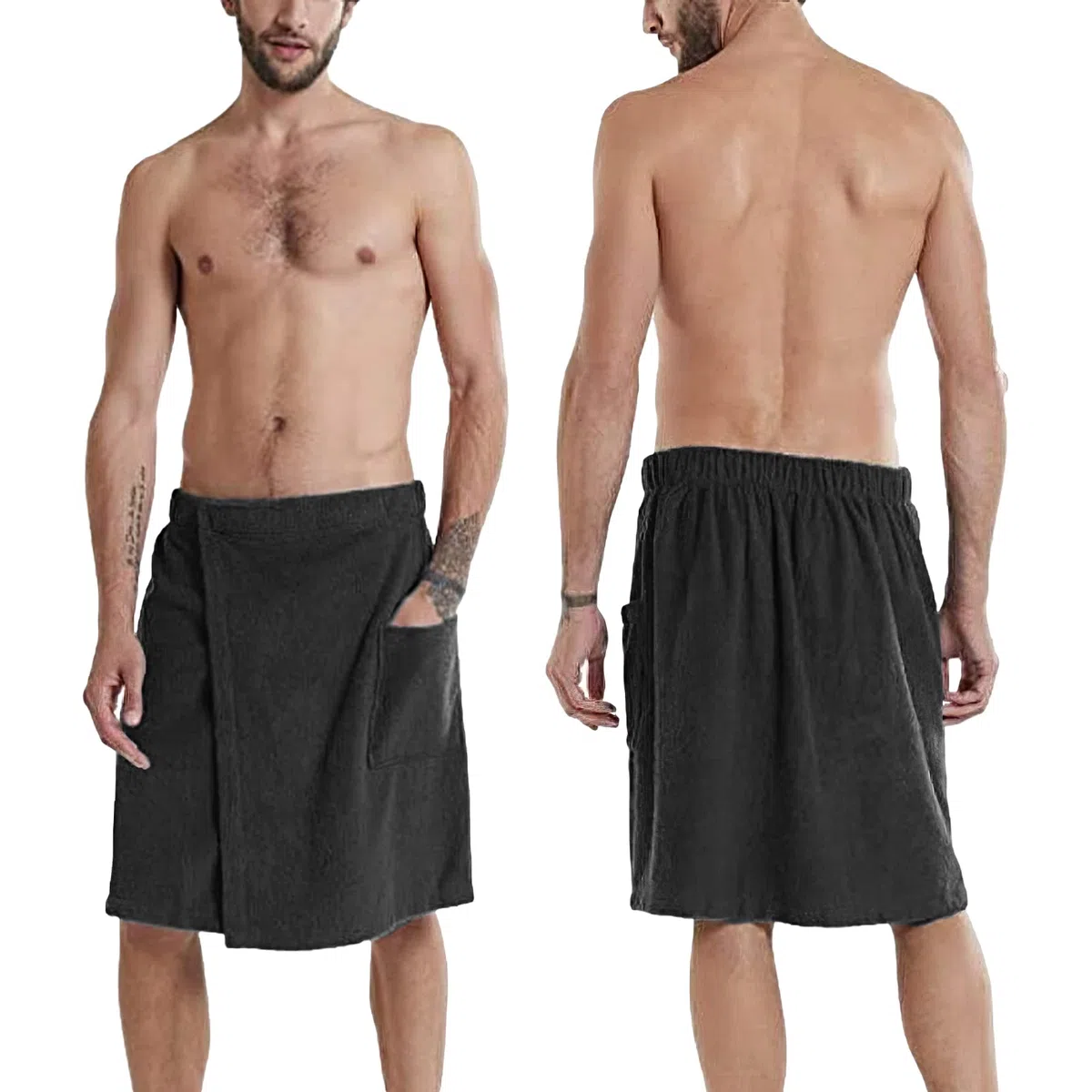 Uomo Kilt Sauna Regolabile - Asciugamano da Bagno Indossabile con Tasca per Doccia Sauna Spa & Coperture da Spiaggia Nero L