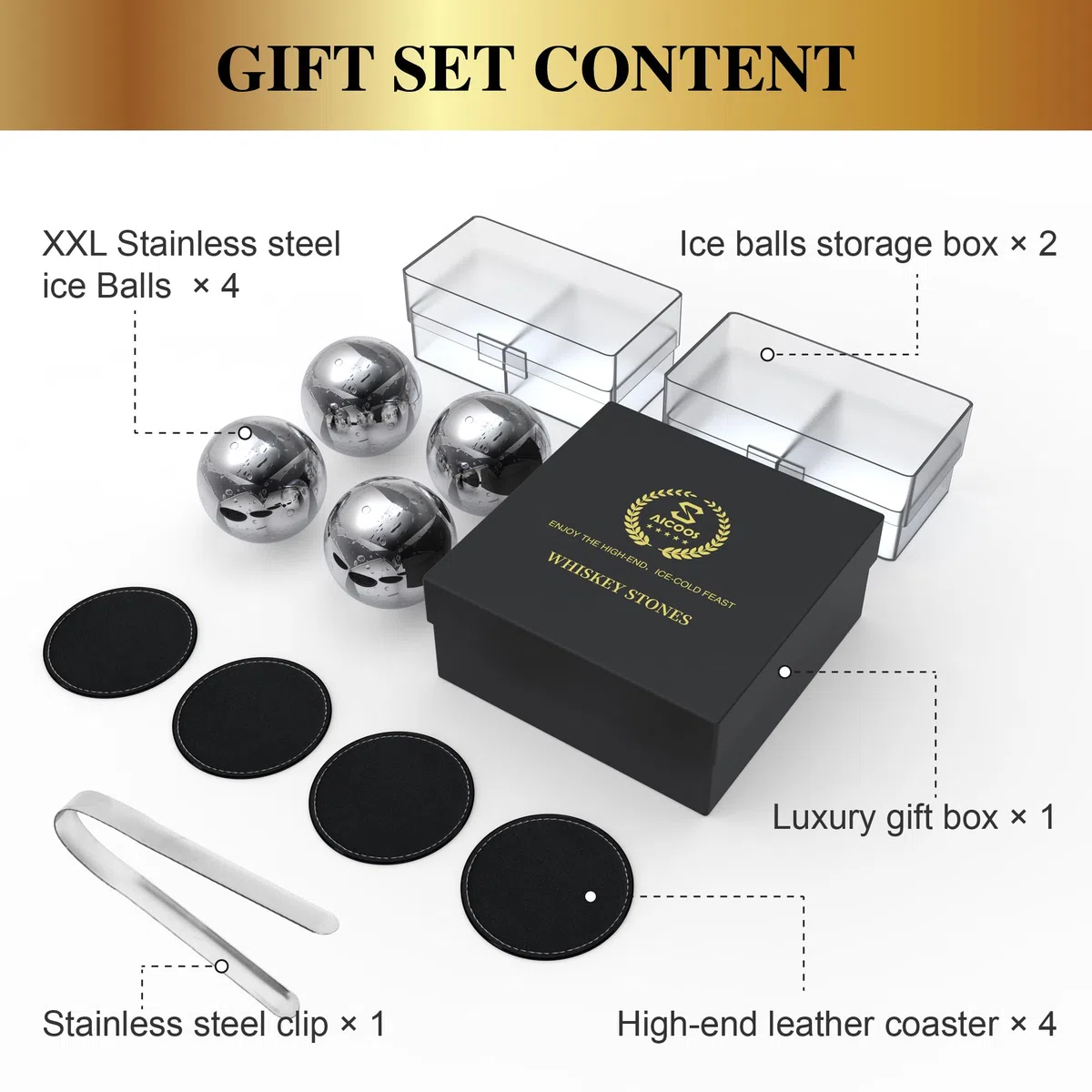 Cubetti di Ghiaccio Riutilizzabili - Cubetti Ghiaccio Acciaio Inox Riutilizzabile, Pietre per Whisky Ice Cubes, Regali Regalo per il Giorno Del Padre per Uomini Mariti （4 XL Sfere ）