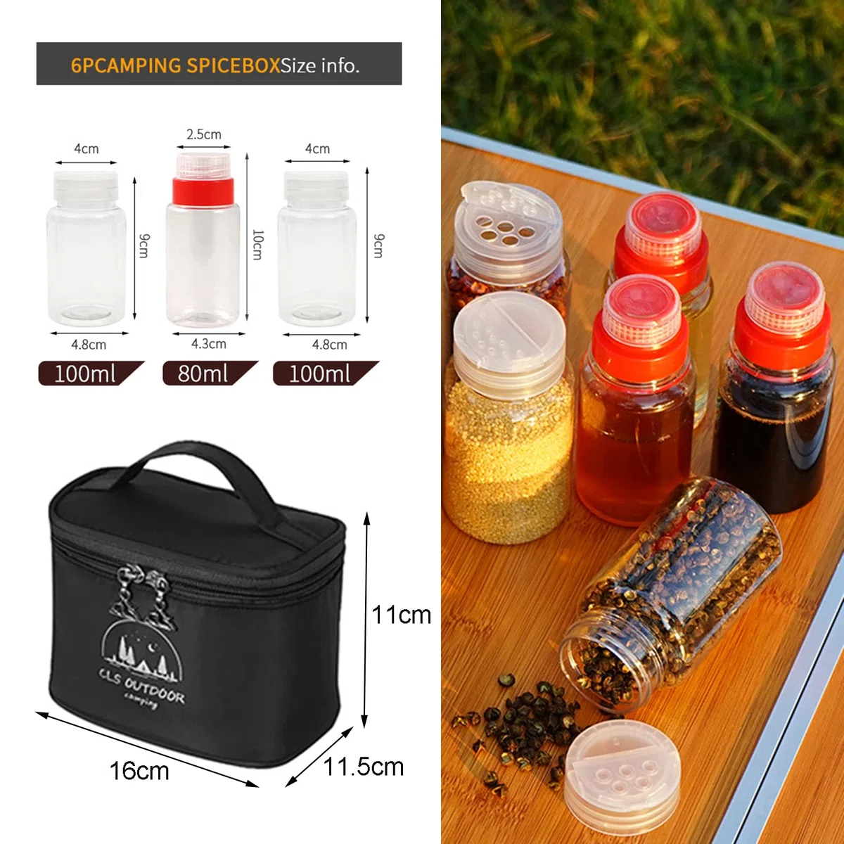 RoseFlower 6 pcs Portatile Bottiglia di Porta Condimento, Porta Sale Olio da Viaggioper Esterni Vaso di Spezie Condimento Trasparente e Bottiglia di aceto Contenitore per Picnic BBQ #Nero