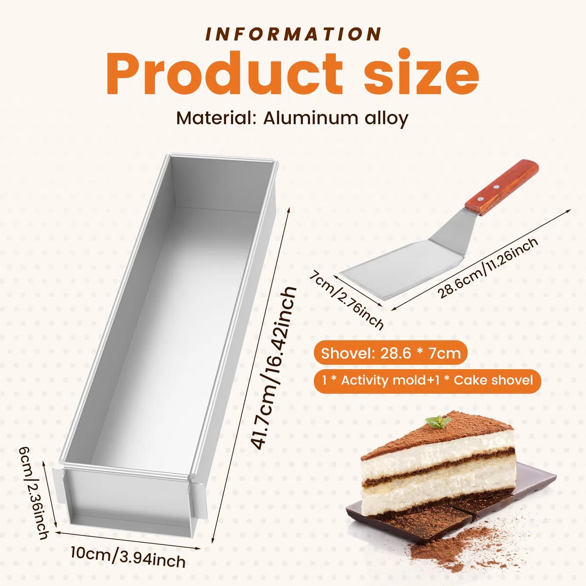 Forma rettangolare regolabile con paletta per torte | Telaio in lega di alluminio con rivestimento antiaderente. Stampo ideale per mousse e dessert. Facile da pulire.