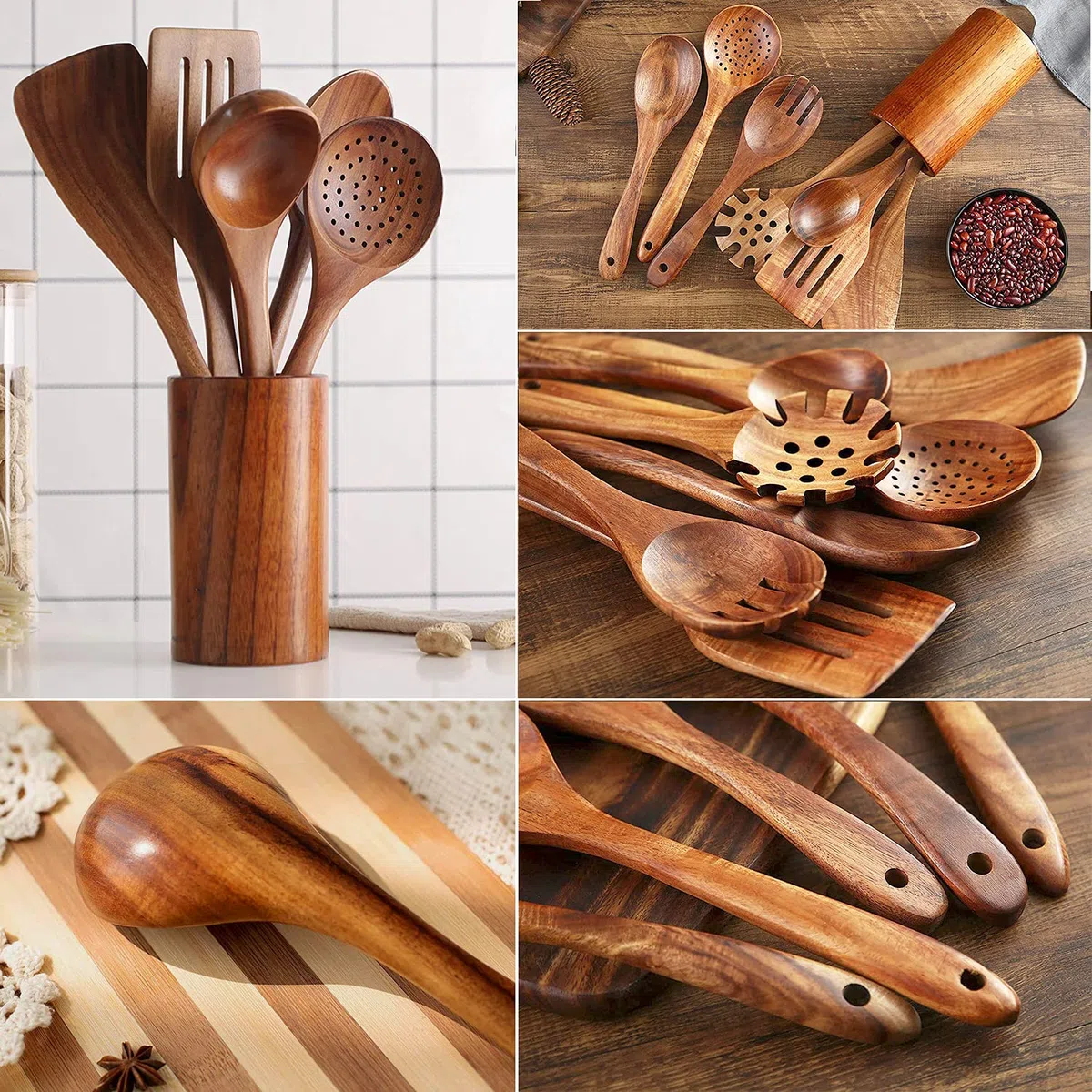 Cucchiai in legno per cucinare, 7 utensili da cucina in legno di teak, set di utensili da cucina in legno di legno, spatola in legno per cucinare
