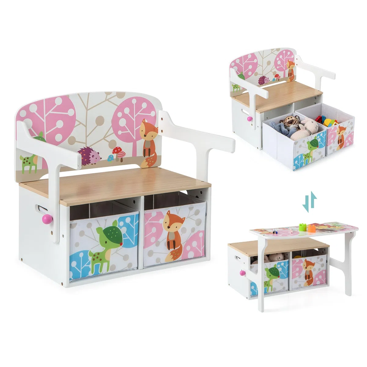 RELAX4LIFE Set Tavolo e Sedia per Bambini 3 in 1, Cassapanca Convertibile Senza Attrezzi con 2 Cesti Portagiocchi e Scrivannia con Sedie, Bianco