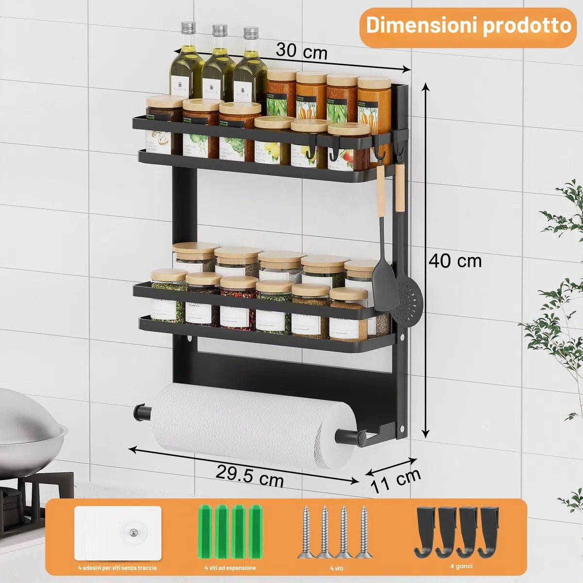 Porta Spezie per Cucina con Porta Rotolo da Cucina e 4 Ganci –Portaspezie da Parete Senza Forature per Organizzare e Risparmiare Spazio in Cucina