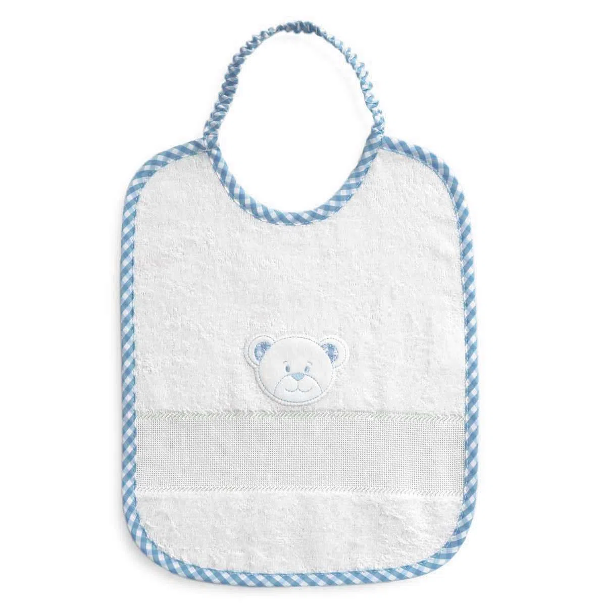 Set asilo da ricamare a punto croce, tre pezzi, sacchetto salvietta e bavaglia, Coordinato asilo in spugna bianca con tela aida, punto croce, fantasia quadretto con viso di orsetto (274 Azzurro)