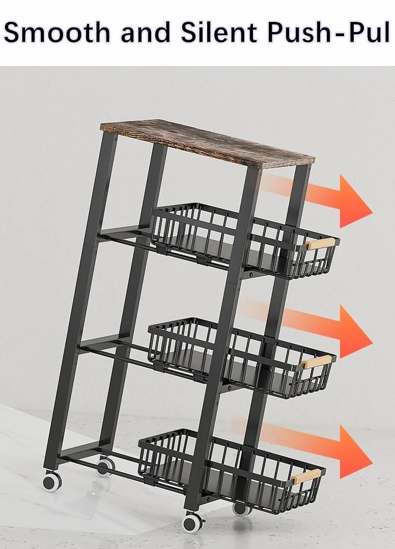 Cesti di Filo di Metallo con Ruote, Contenitore impilabile Cucina Organizzatore Scaffale, Vassoio multistrato di frutta e verdura rack indipendente con cassetto scorrevole estraibile
