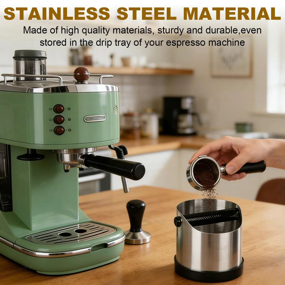 Knock box per macinadosatore per caffè,Realizzato in acciaio inox da 700 ml,con barra in gomma rimovibile e spazzola per la pulizia, scatola silenziosa,adatto per molte macchine per caffè espresso