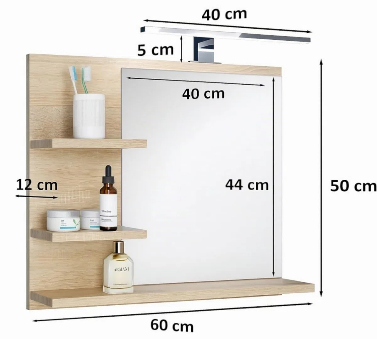 Specchio da bagno con 3 ripiani, sospeso, specchio per corridoio, camera da letto, bagno, Sonoma Oak 60X50 cm - LAMPADA LED - Sinistro