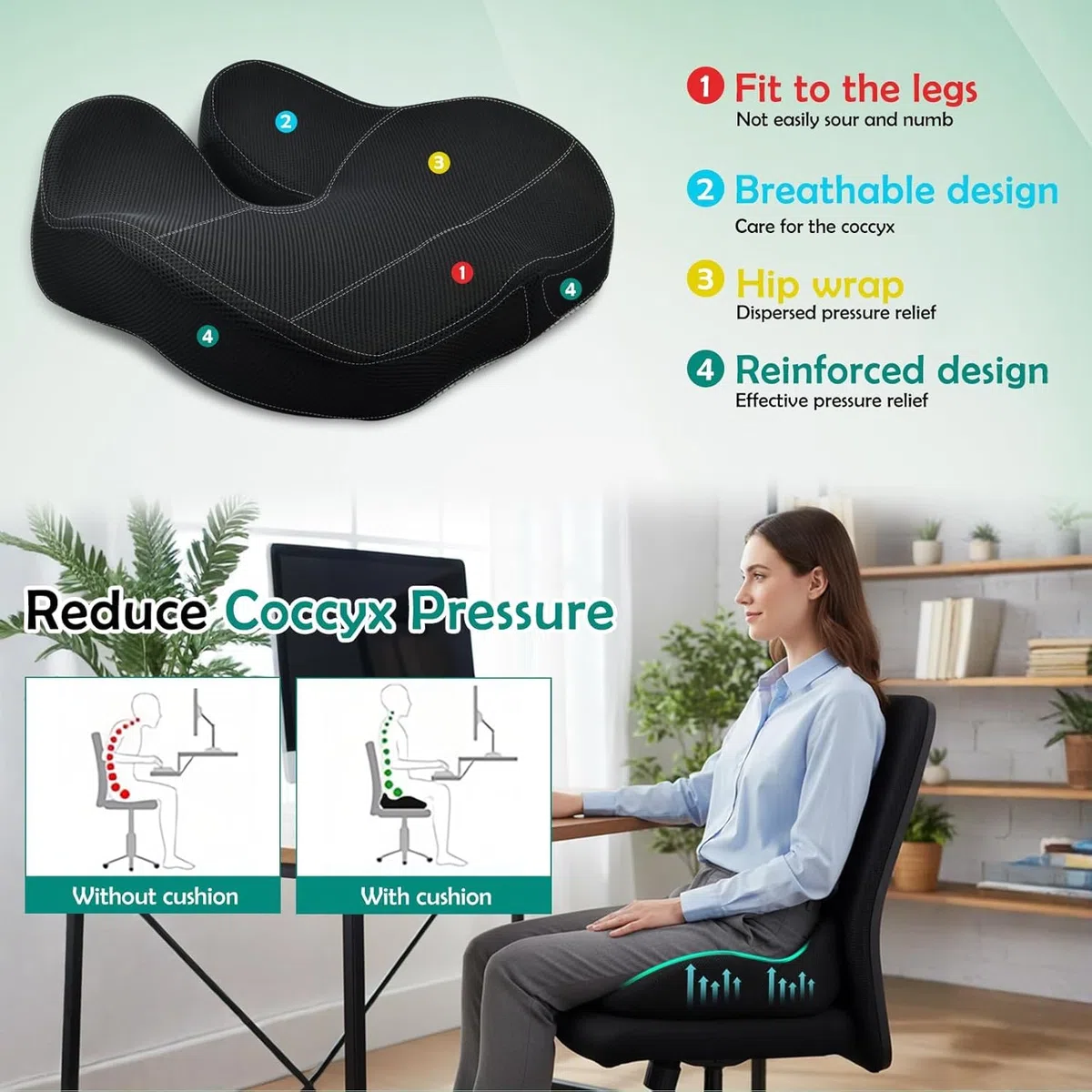 Cuscino Sedia Ufficio, Cuscino Ergonomico Memory Foam, Cuscino Ortopedico Seduta per Coccige, Allevia Sciatica e Dolori Lombari, Fodera Lavabile Antiscivolo, per Ufficio Casa Auto (Nero)