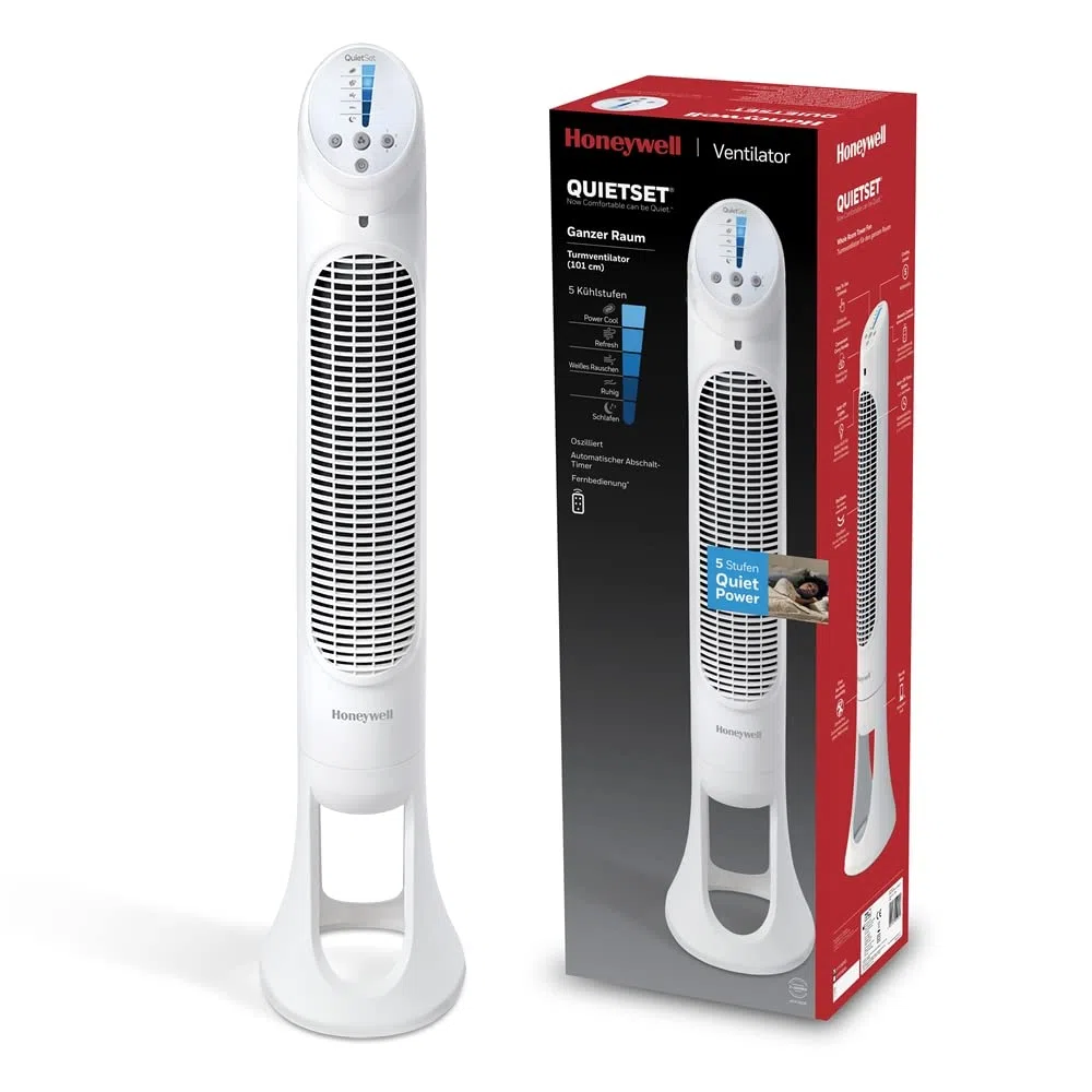 Ventilatore a torre oscillante per l'intera stanza Honeywell QuietSet (5 impostazioni di velocità, oscillazione a 80°, timer, luci a spegnimento automatico, telecomando) HYF260