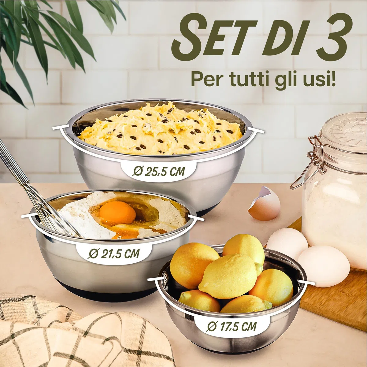 Praknu 3 Ciotole in Acciaio Inox da Cucina con Coperchio - Antiscivolo - Ermetiche - Graduate - Impilabili - Ideali per Impastare e Frullare