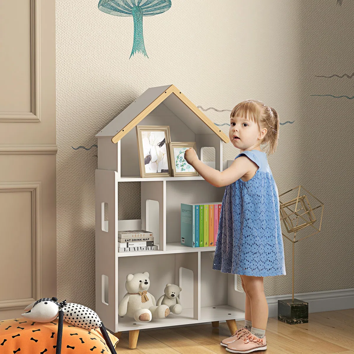 ZONEKIZ Libreria per Bambini 3-6 Anni a 3 Livelli per Libri e Giochi, in MDF e Legno di Pino, 65x25x108.5 cm, Bianco