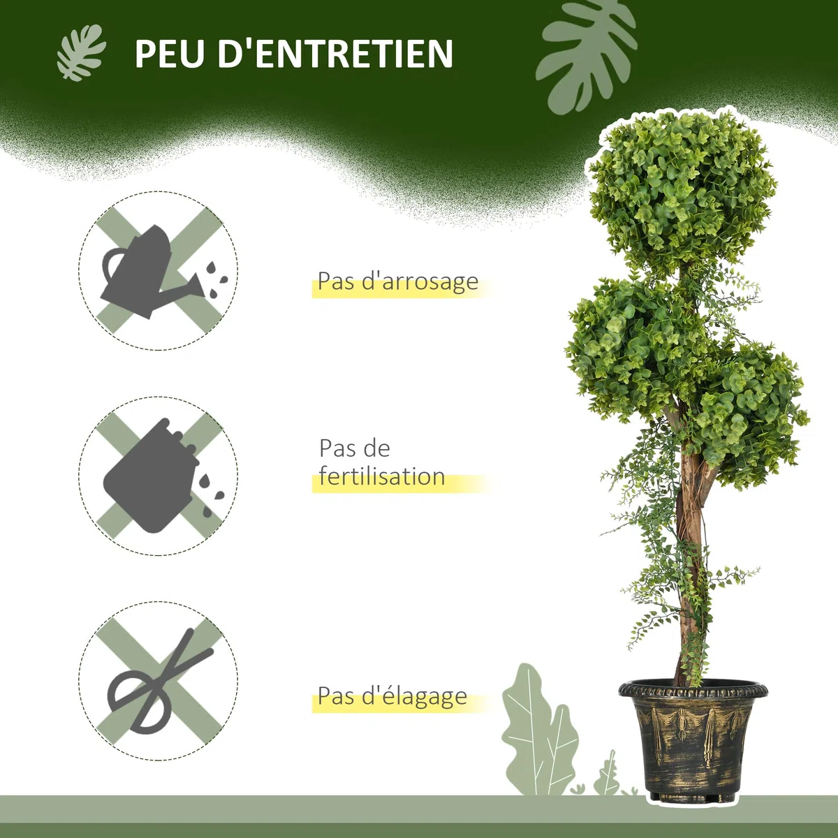 HOMCOM Pianta artificiale 3 palle di bosso con vaso in cemento, per interni ed esterni, altezza 115 cm