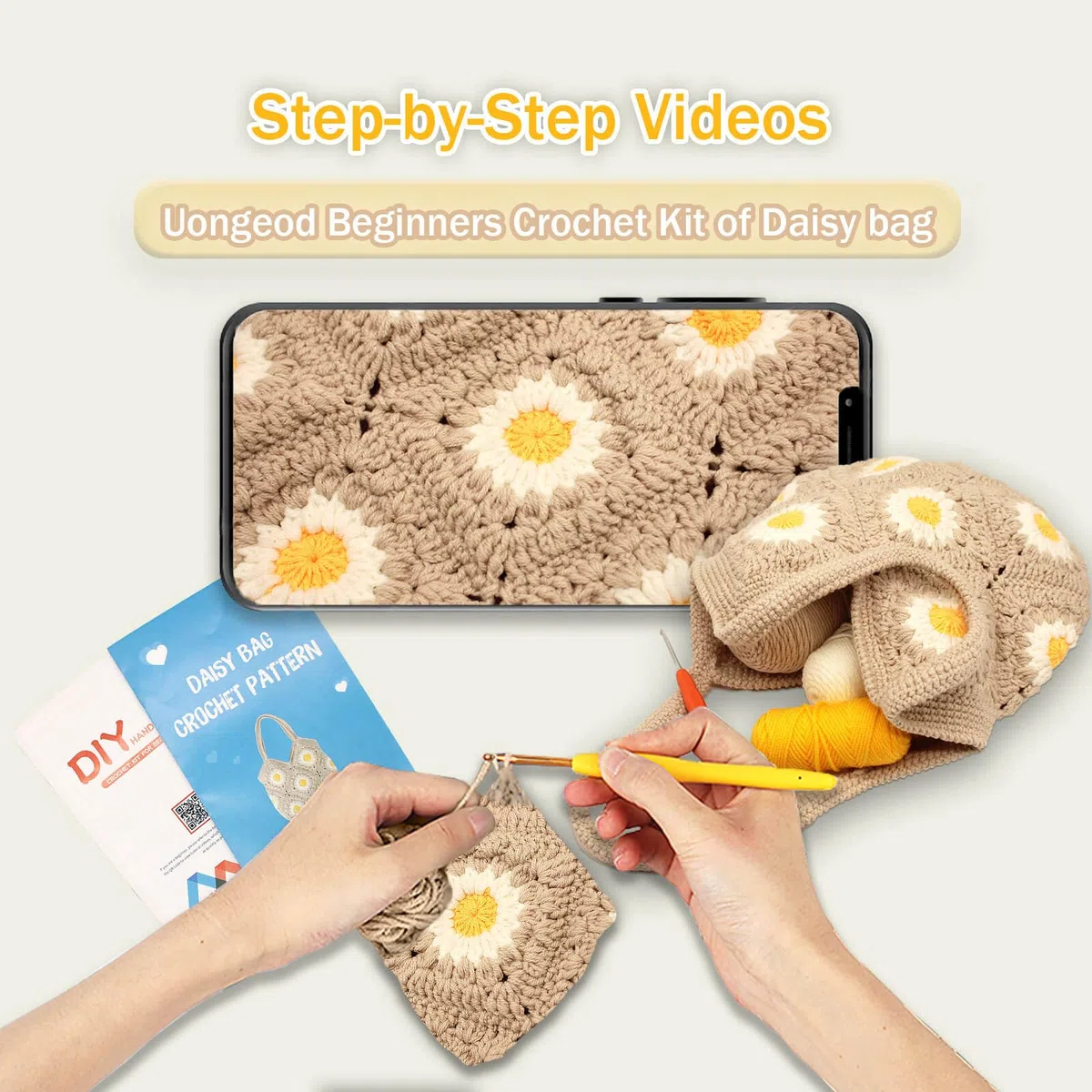 Uongeod Kit all'uncinetto per principianti Daisy Tote Bag Kit fai da te a maglia di Daisy Tote Bag con tutorial video passo passo Kit all'uncinetto per principianti per adulti e bambini
