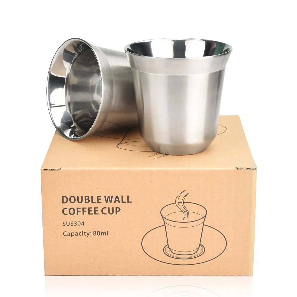 2 Pezzi Tazza in Acciaio Inox Tazze da Caffè Isolate a Doppia Parete Bicchieri da Birra in Metallo Tazze in Metallo Riutilizzabile Tazzine Espresso In Acciaio Inox per Caffè Birra, 80 ml