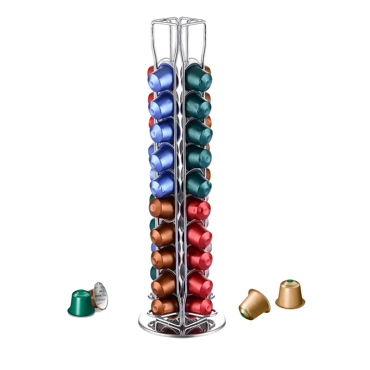 YGJT Porta Capsule Per Nespresso, Porta Cialde Per Nespresso 40 Pezzi Caffè Capsule，Portacapsule Girevoli a 360 Gradi Acciaio Inossidabile, Ufficio & Cucina 11.5x11.5x39cm (Argento Cromato)
