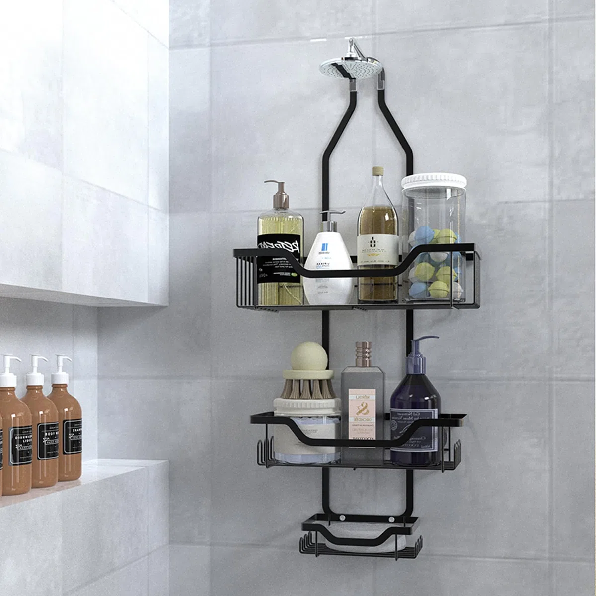 Mensola da doccia sospesa, mensola doccia a 3 ripiani, senza foratura, da appendere con 2 cestelli, 1 vassoio per sapone, mensola doccia, organizer da bagno in acciaio inox, porta shampoo