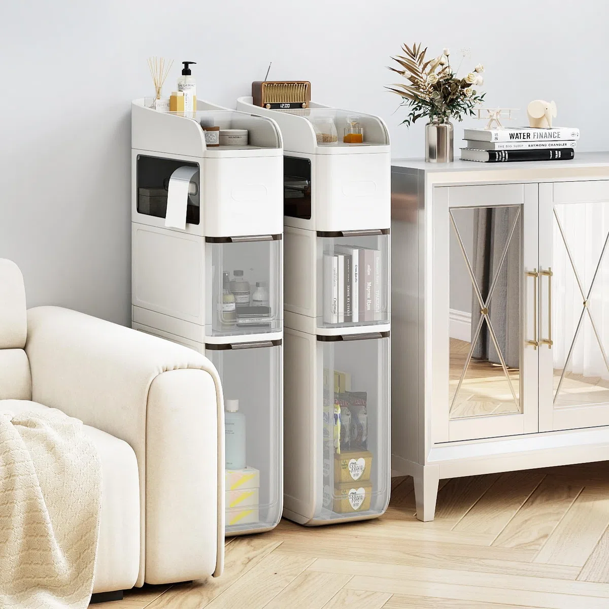KOMFOTTEU Armadietto a nicchia sottile su ruote, salvaspazio con 2 cassetti, porta fazzoletti, ripiano superiore, carrello per cucina, bagno, 18 x 43 x 88 cm (bianco)