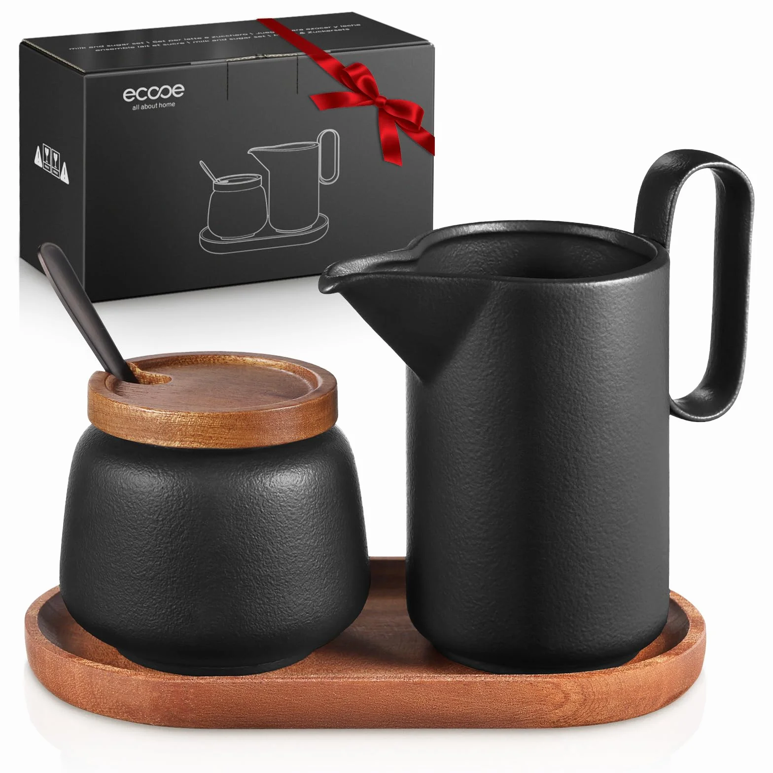 ecooe Set latte e zucchero – Brocca per latte in ceramica nera e zuccheriera, con coperchio e cucchiaio in metallo, zuccheriera Barista con vassoio in legno, brocca in ceramica, contenitore per latte