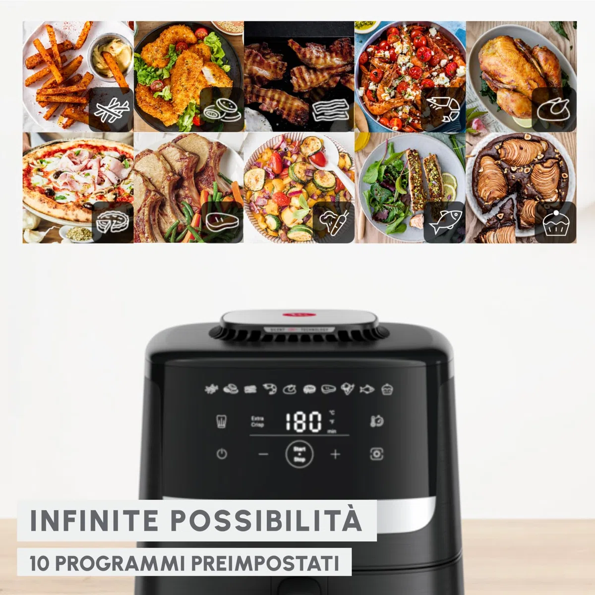 Moulinex Easy Fry Silence, Friggitrice ad Aria Silenziosa 5L/1.5kg per 6 Persone, 1670W, Sistema Easy Clean & Store, 10 Programmi, Touchscreen, Cestello Lavabile in Lavastoviglie, Nera, EZ5528