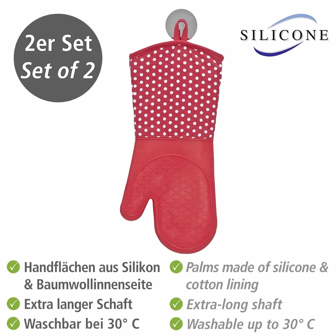 Wenko 2102168100, Confezione 2 guanti in silicone da cucina, colore: Rosso