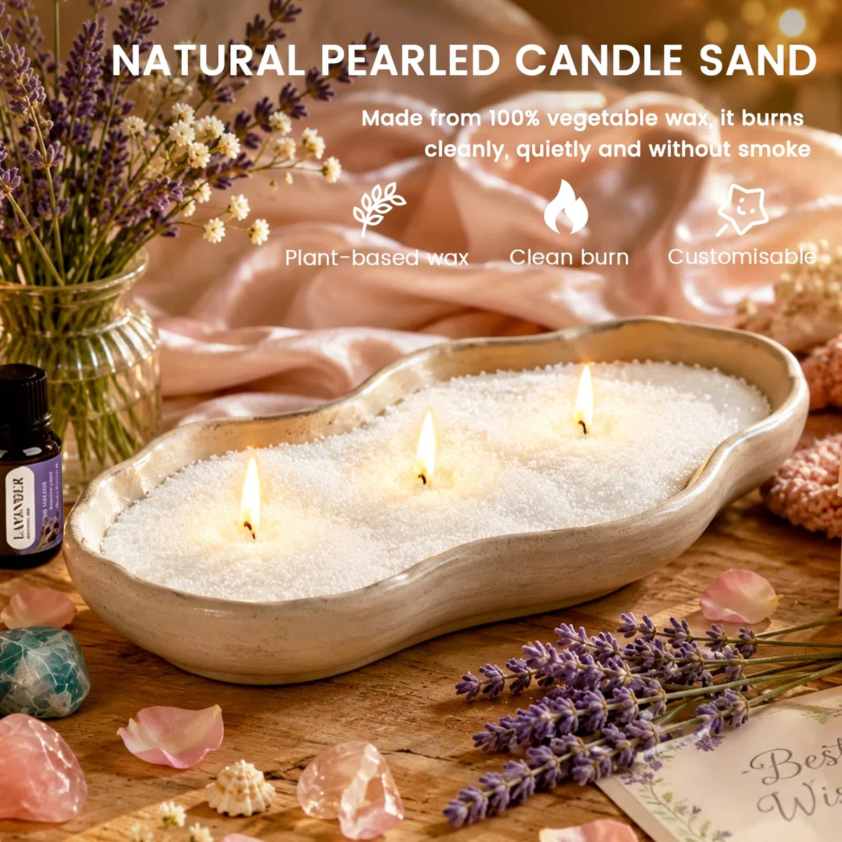 Sabbia per Candele con Stoppini, Kit Candele Fai da Te con 450g Perle di Cera per Candele, 30 Stoppini e Calice, Cera di Soia per Candele, Fino a 100 ore di durata