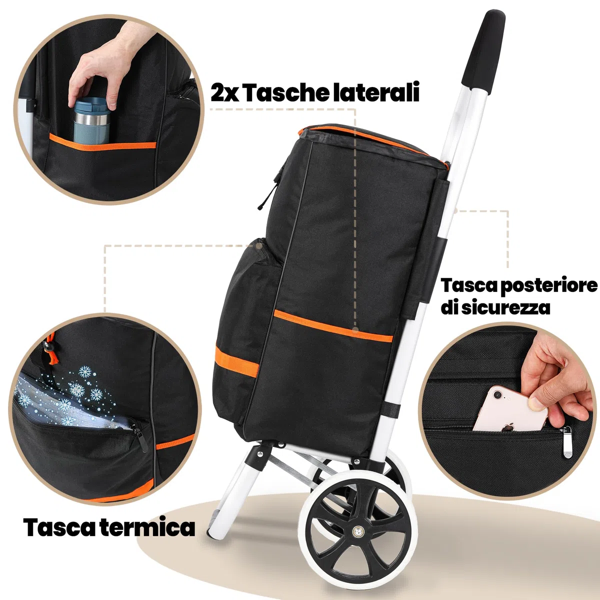 Eskey Carrello per la spesa con vano frigo, pieghevole, pieghevole, impermeabile, 50 l, catarifrangenti