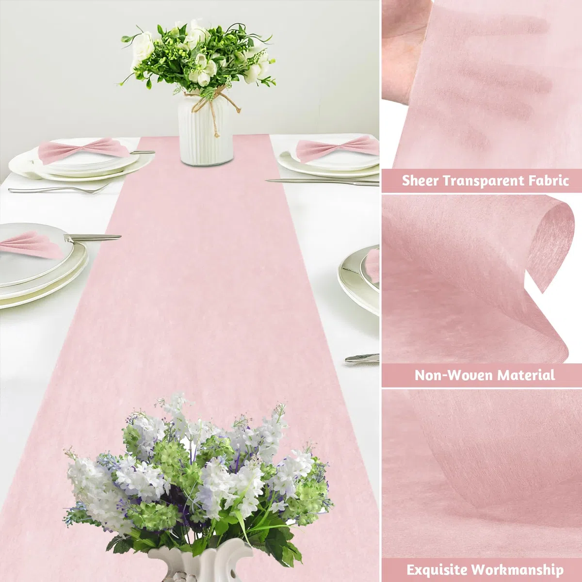 2 Pezzi Runner da Tavolo in Tessuto Non Tessuto FoiiLiio 30 cm x 25 m Rosa runner Decorazione da tavolo Rotolo runner Decorativo da tavola per matrimoni, battesimi, comunioni