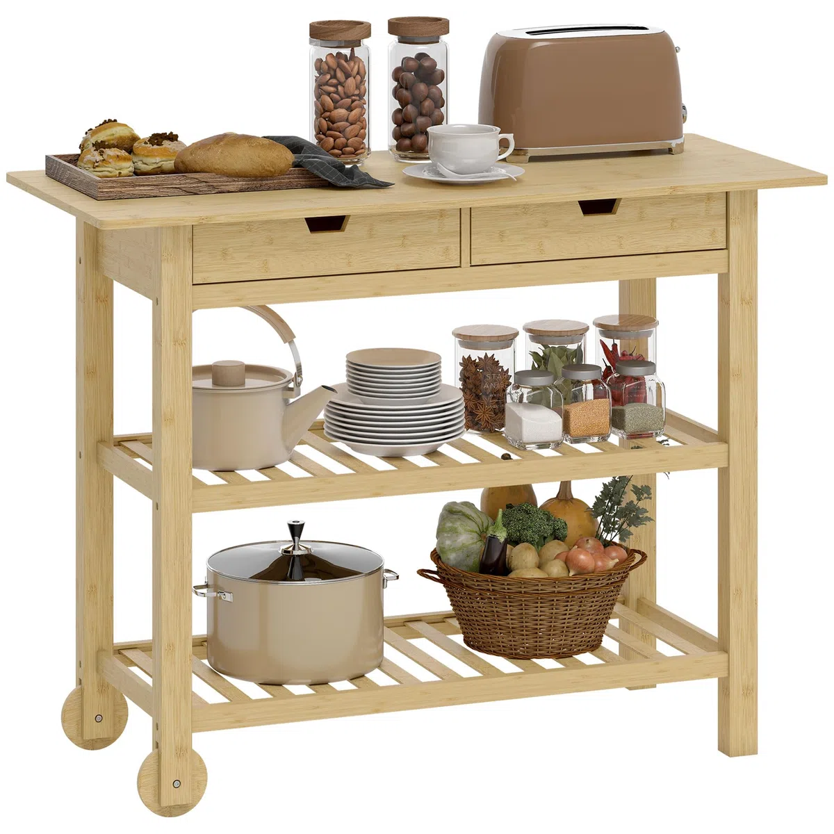 HOMCOM Carrello Cucina in Bambù con 2 Rotelle e 2 Gambe, Carrello Cucina Salvaspazio con 2 Ripiani a Doghe e 2 Cassetti, Carrellino Portaoggetti Multiuso per Soggiorno, 100x43x75 cm, Color Legno