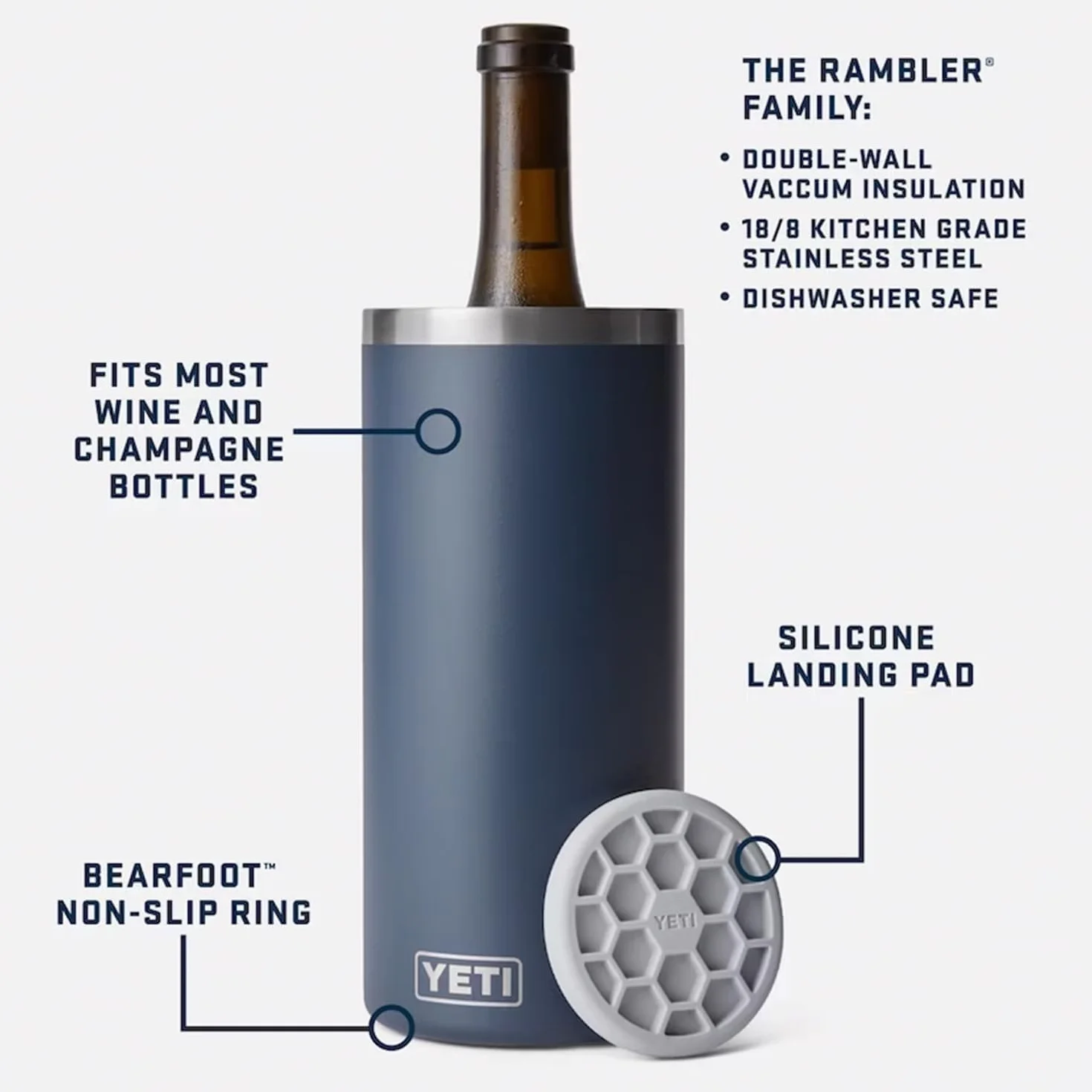 YETI Rambler - Refrigeratore per vino e champagne, isolato in acciaio inox, colore: blu navy