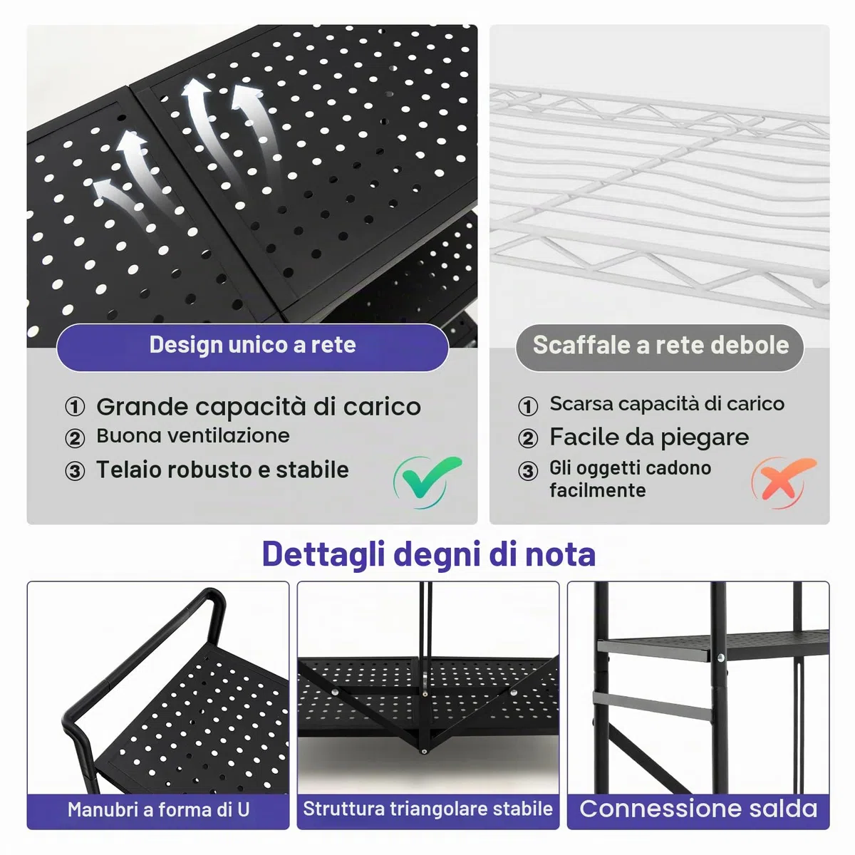 HOMASIS carrello di servizio pieghevole a 3 livelli, con 4 ruote e 2 freni, compatto, ripiani in metallo per cucina, nero