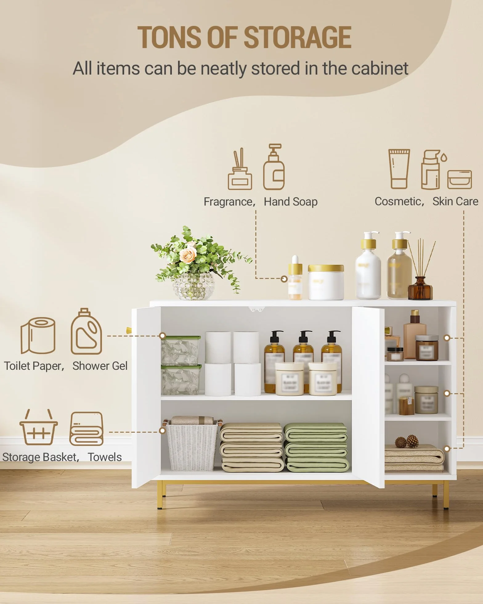 Hzuaneri Mobile da Bagno, Armadietto Autoportante, con 3 Ripiani Aperti Regolabili e 2 ante, Grande Capacità di Stoccaggio, per Bagno, Soggiorno, Ingresso, Cucina, Bianco-Oro SC10203G