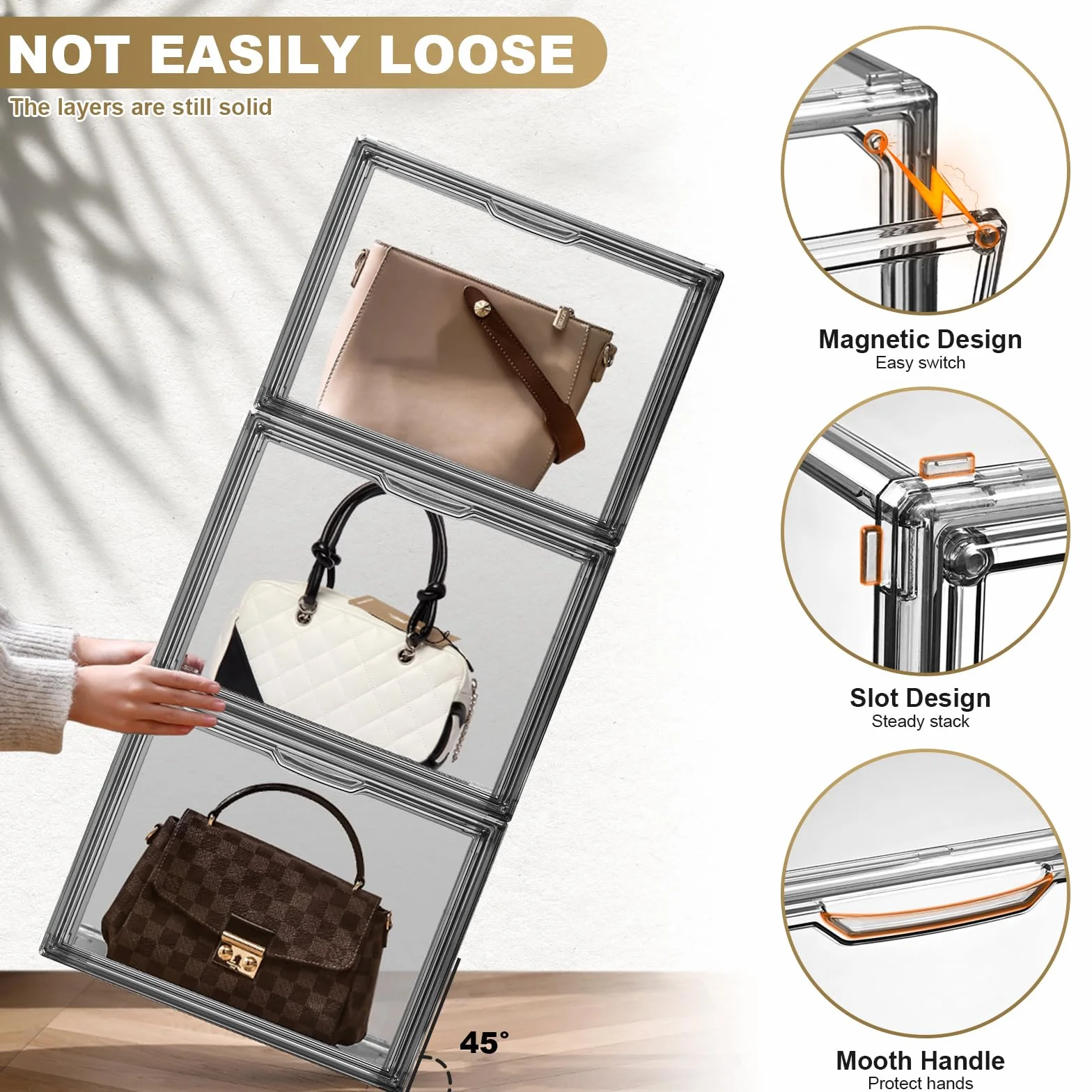 Organizer per borse per armadio, in acrilico grigio trasparente, impilabile, con porta magnetica, per portafoglio, libri, cosmetici, giocattoli (4)