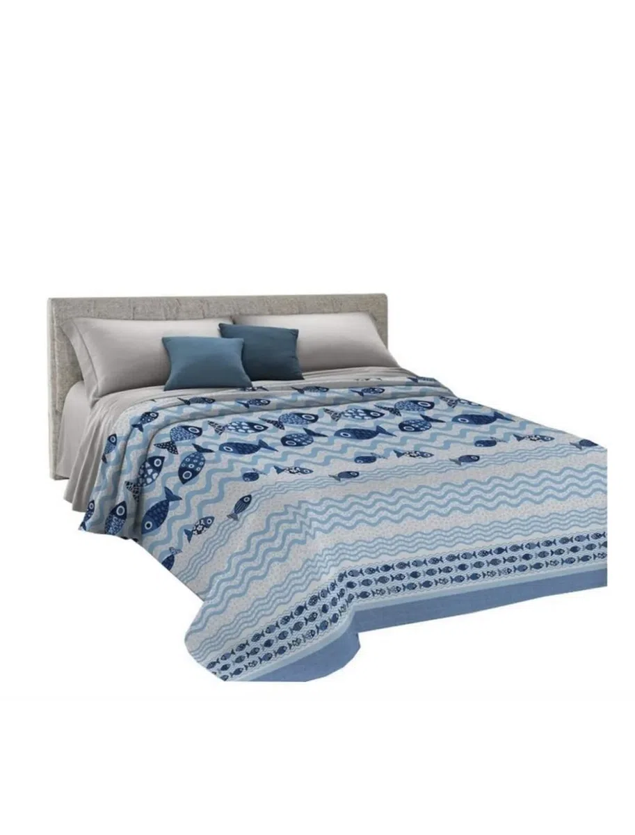 ITALYSWEETHOME COPRILETTO ESTIVO PESCI MARE BLU PIQUET DI COTONE MADE IN ITALY (Piazza e mezza)