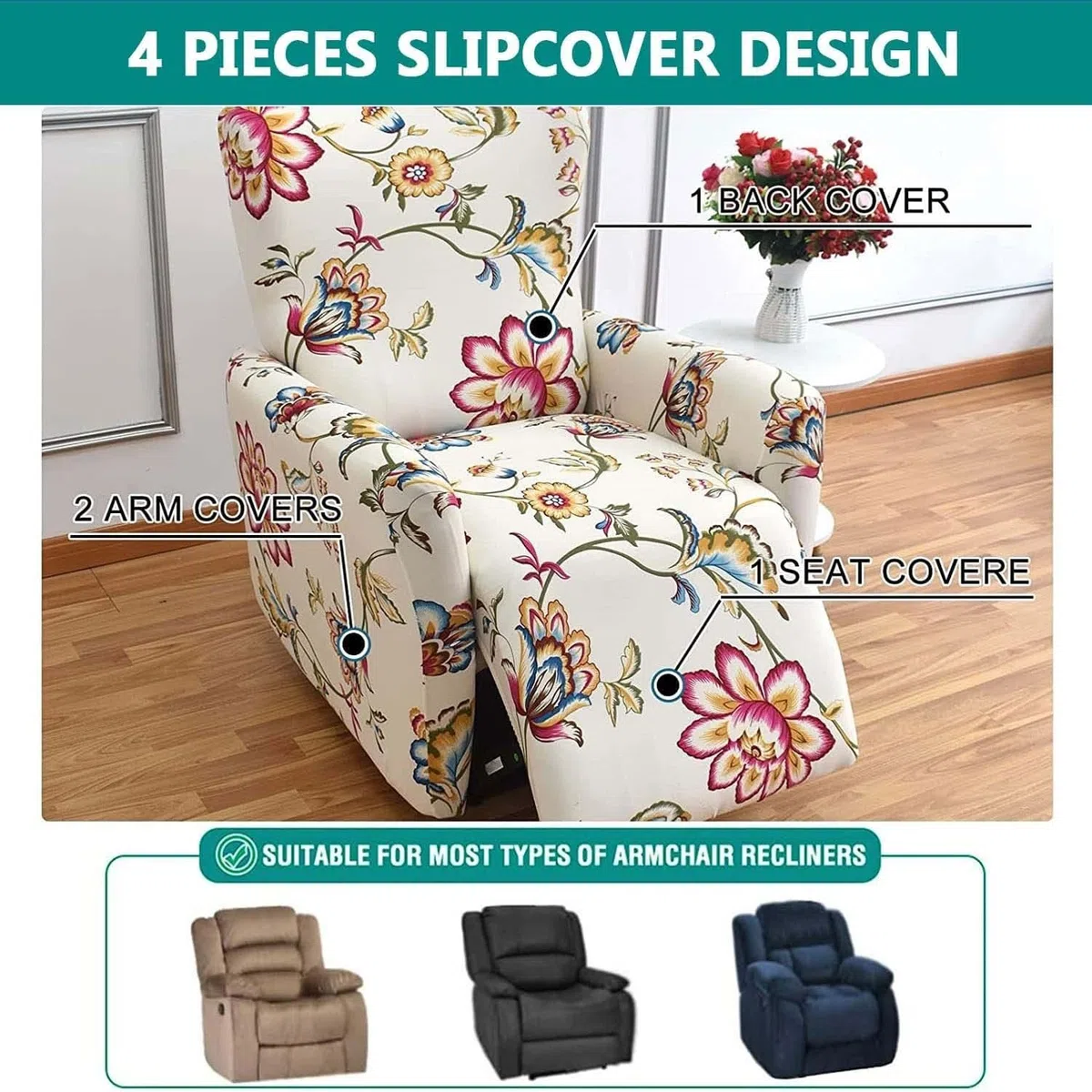 4-Pezzi Copripoltrona Relax Reclinabile Universale, Moderna Fodere Copripoltrona Reclinabile 1 Posto Elasticizzato Lavabile Rimovibile,Copertura per Poltrona Reclinabile(G)