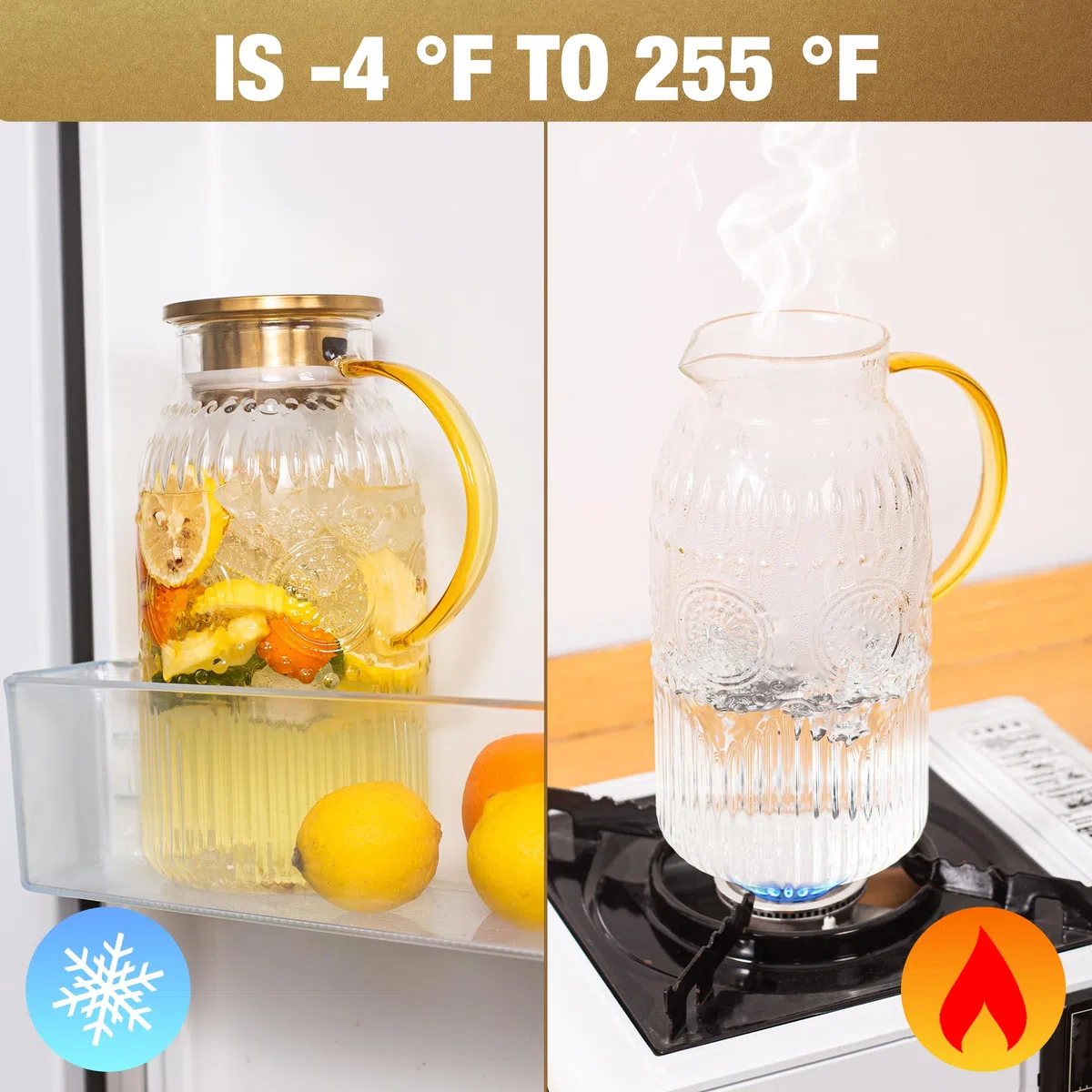 Amzcku Brocca in vetro con coperchio, brocca per acqua vintage da 2 litri, caraffa per acqua fredda, caffè, limonata, tè freddo, bevande, brocca in vetro resistente al calore, 1 confezione