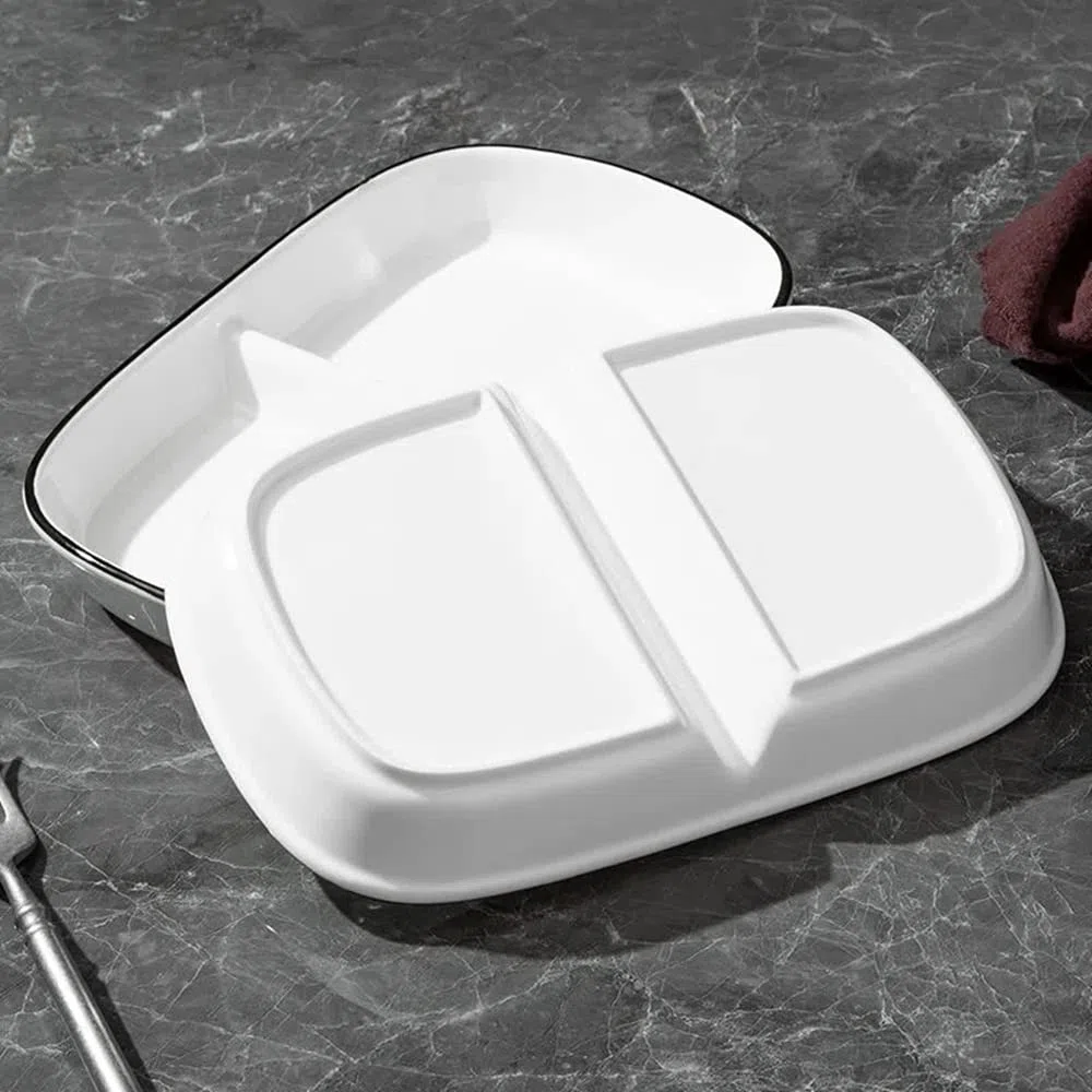 Piatto Scomparti Porcellana, Piatto Due Scomparti Dieta Ceramica, Piatto Porzioni per Snack, insalata, Dessert, Spaghetti, Bistecca