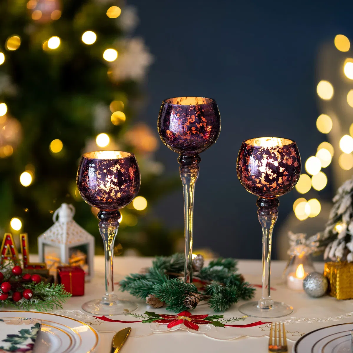 Portacandele Vetro Portalimini Viola: 3 Pezzi Porta Candele in Mercurio Centrotavola Natalizio Matrimoni Decorazione Della Casa Candelieri per Candele Galleggianti e Piccoli Colonna
