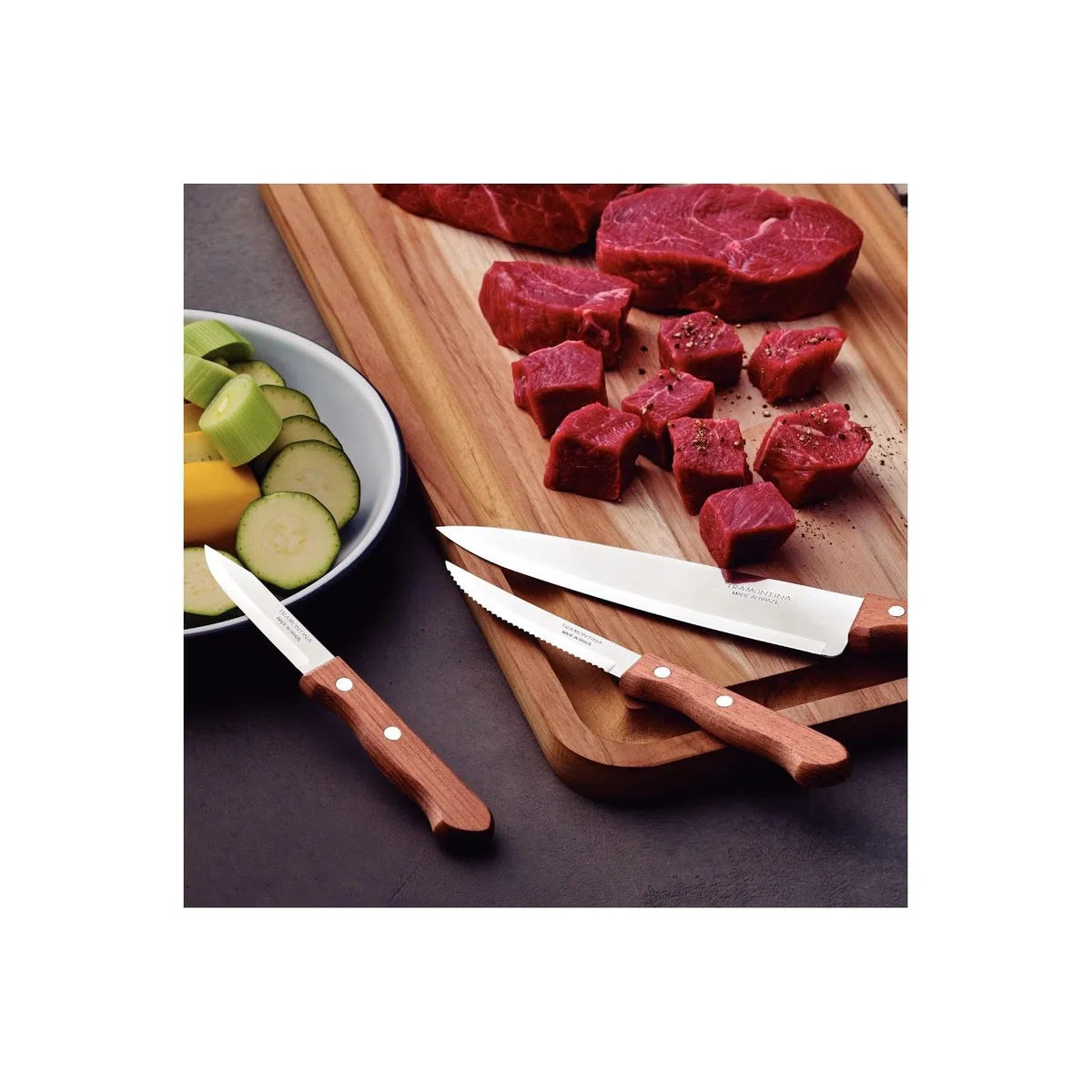 Tramontina Set di Coltelli in Acciaio Inox e Legno Naturale Dynamic 4 Pezzi