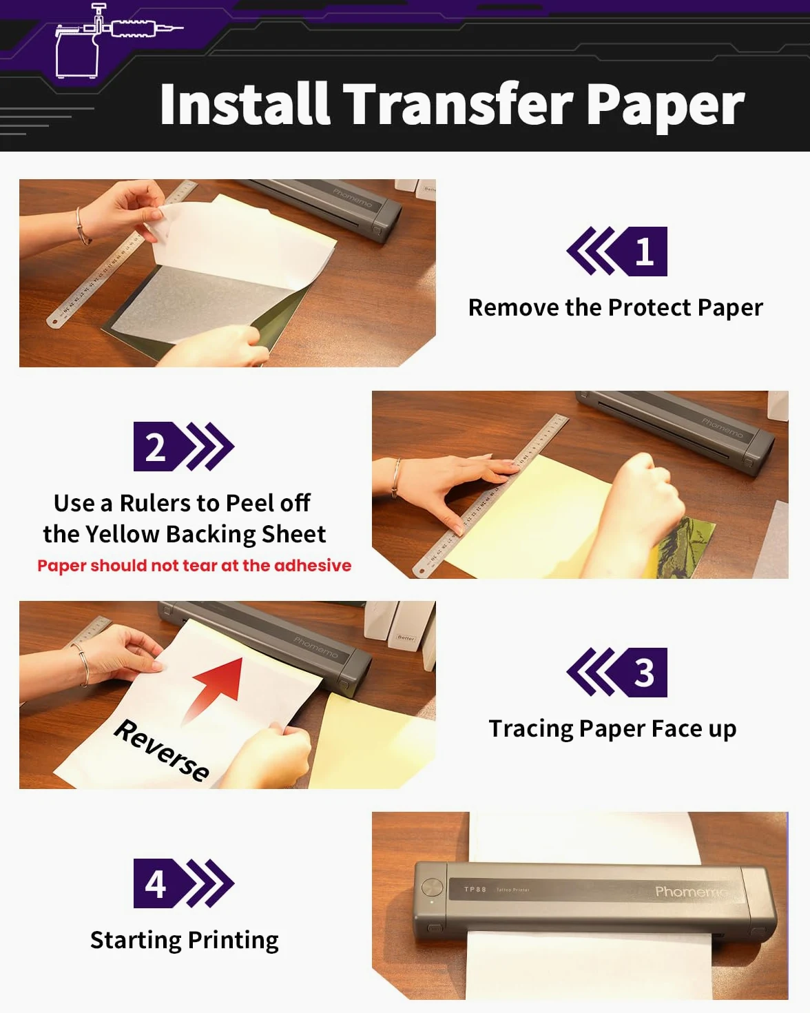 Phomemo Trasferimento Stencil,Tattoo Stencil Paper,100 Fogli Carta per Tatuaggi,Trasferimento di Tatuaggi A4 Tattoo Transfer Papier Compatible with M08F TP81 TP83 TP88 Stampante per Tatuaggi