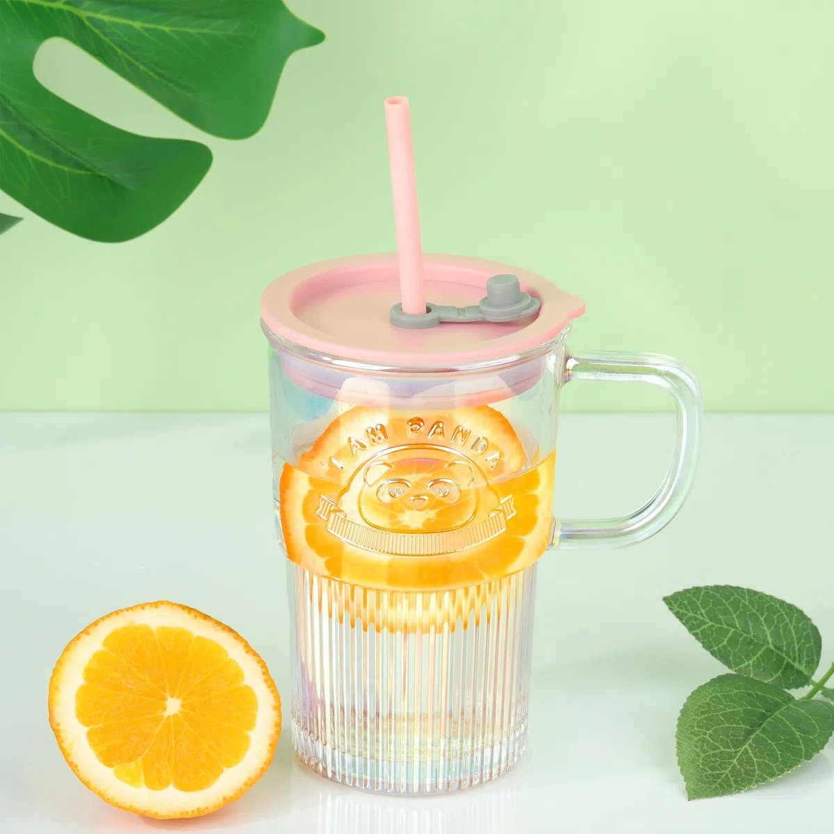 Joeyan 430 ml Iridescente Bicchieri con Cannuccia e Coperchi in Vetro,Tazza da Caffè Ghiacciata con Manico,Bubble Tea Tazza con Motivo,per Frappè Acqua Succhi,Set di 2
