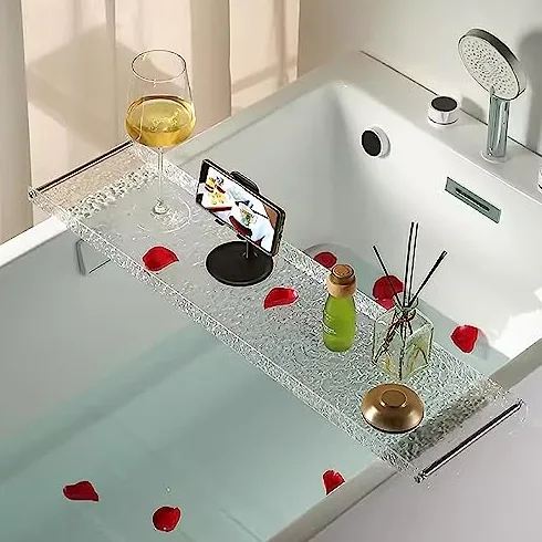 Vassoio per vasca da bagno in acrilico con manici in metallo, impermeabile e trasparente, mensola da bagno ry spa, accessorio da bagno Ele, ideale per relax e benessere