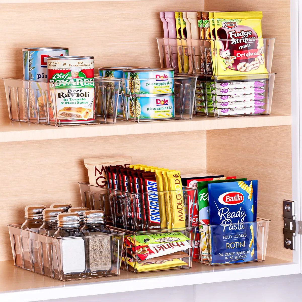 Puricon Confezione da 4 contenitori dispensa, cucina, frigorifero, piano lavoro, impilabili, plastica trasparente, divisori rimovibili, 5 scomparti snack