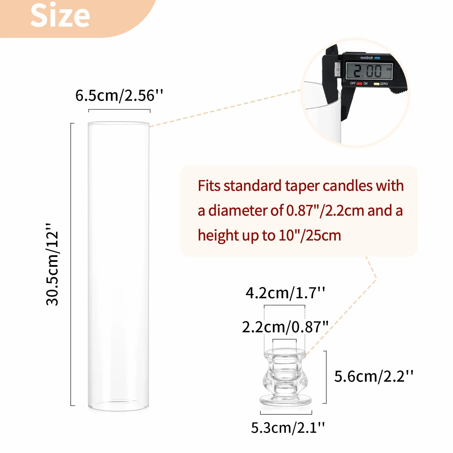 NUPTIO Portacandele In Vetro Set di 2 Portacandele A Uragano Trasparenti Alti 30cm - Portacandele Affusolati con Coperchio A Cilindro Antivento per Caminetto E Sala da Pranzo