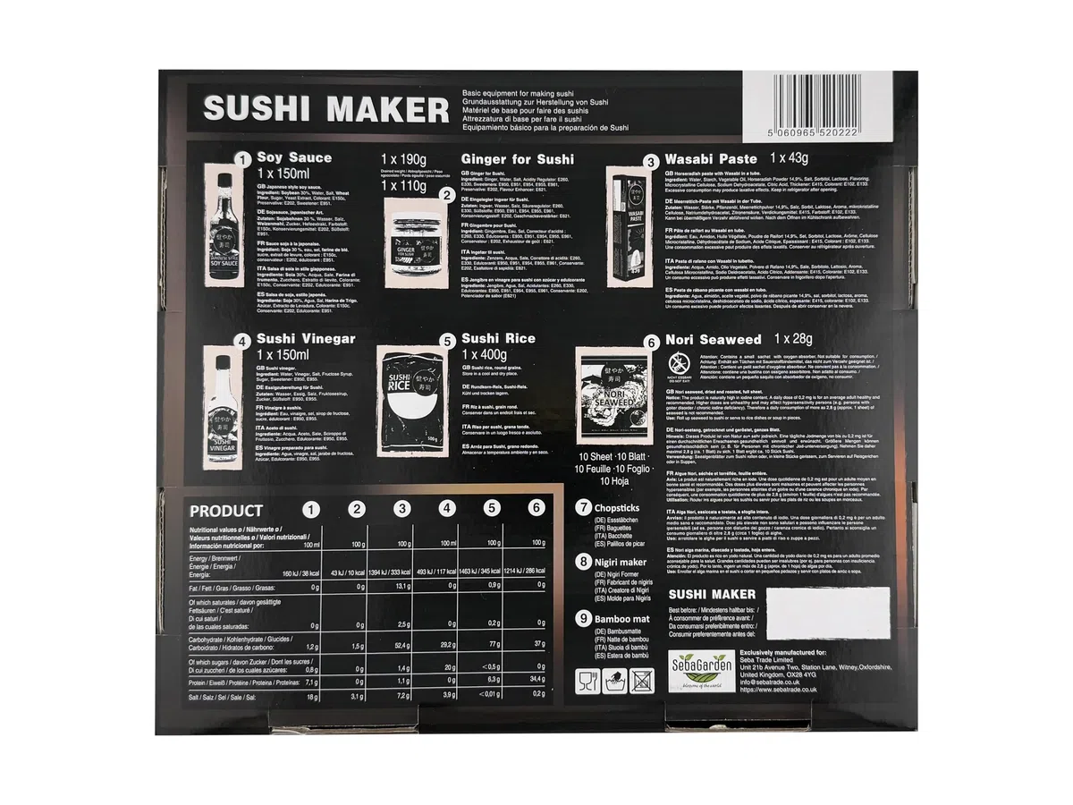 Seba Garden Itasan - Kit per sushi da 9 pezzi, set completo per sushi, ideale da provare o come regalo, guida multilingue per usarlo (lingua italiana non garantita)