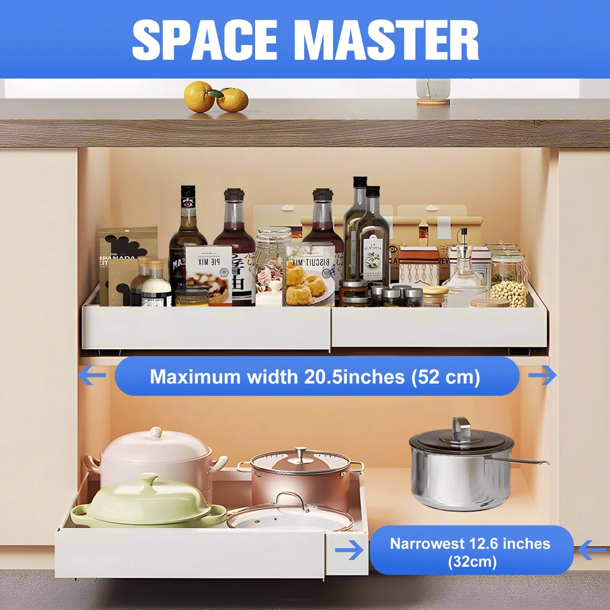 Cassetto Telescopico Portaoggetti da Cucina, Espandibile 32-52 cm, Estraibile, Slide Out Drawers, Non è Necessario Praticare Fori (Bianco)