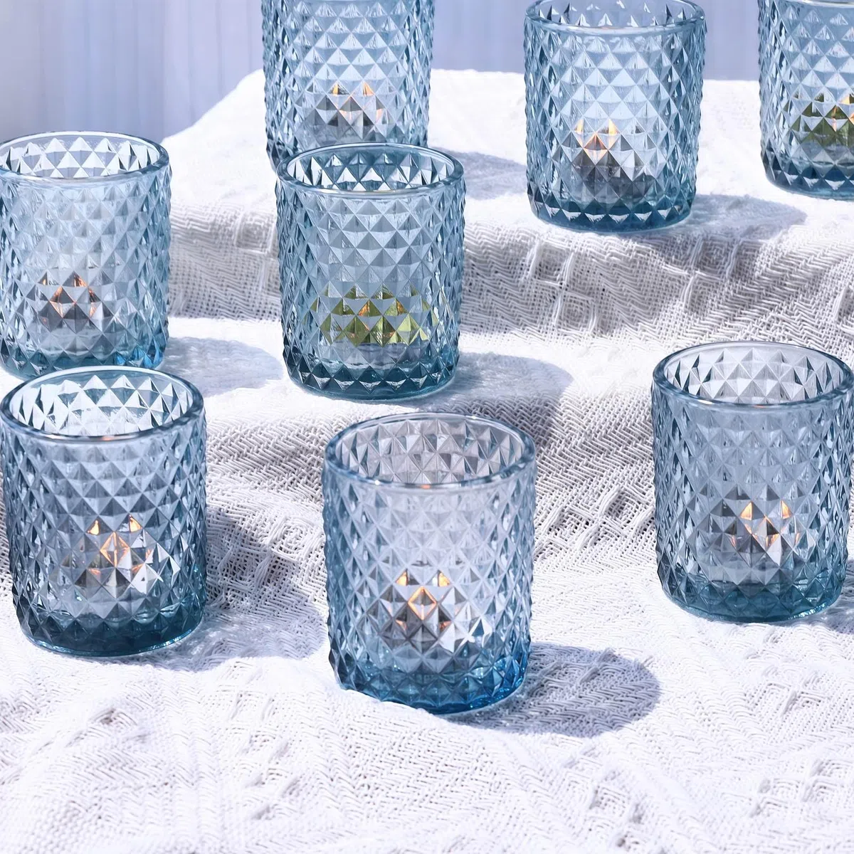 12 bicchieri da tè in vetro blu per matrimoni, decorazione da tavolo, portacandele in vetro per festa di compleanno, per decorazione della casa