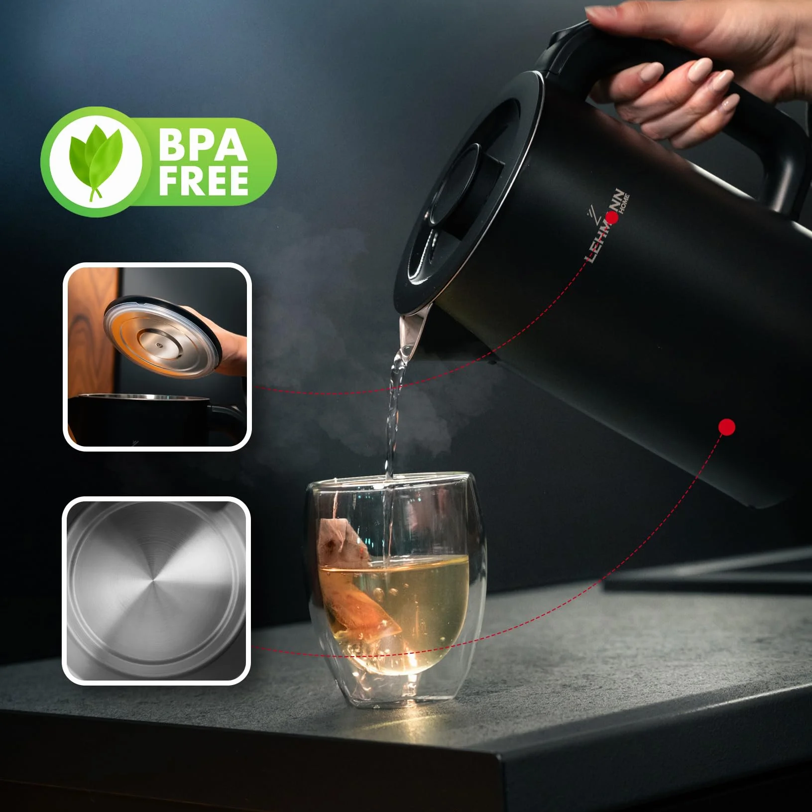 LEHMANN Bollitore Elettrico, 1,7L, 2200W, Riscaldamento Rapido, Design a Doppia Parete, Acciaio Inox, Base Girevole 360°, Spegnimento Automatico, BPA-free – per Tè, Caffè, Pappe, Nero